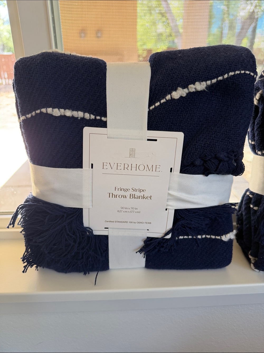Navy Fringe Stripe Throw Blanket